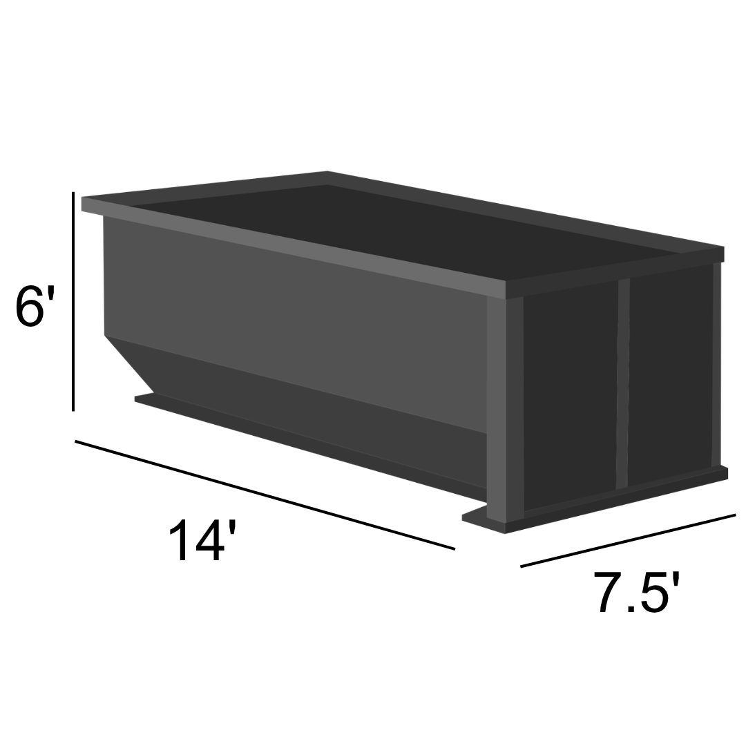 30-yard dumpster — 14' long, 7.5' wide, 6' tall